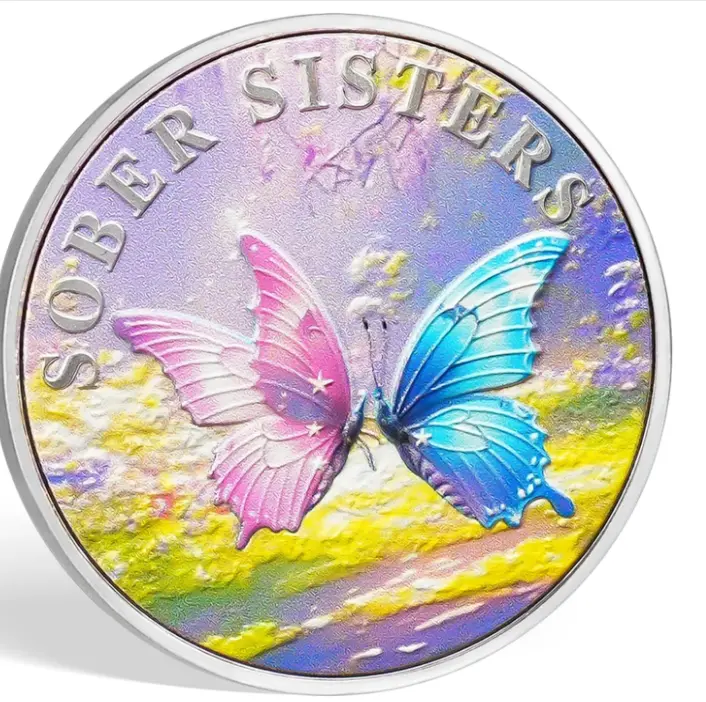 Sober Sisters Sobriety Coin for Women, Inspirational Butterfly Recovery Token with Serenity Prayer, AA Medallion Sober Chip Gift for Sobriety Milestones