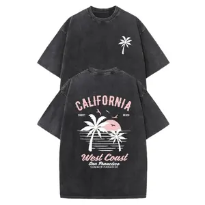 Men's Washed Cotton California Graphic T-Shirt Double Sided Retro Vintage with Palm Trees Surfboards, Loose Fit Unisex Short Sleeve Tee Men Gifts