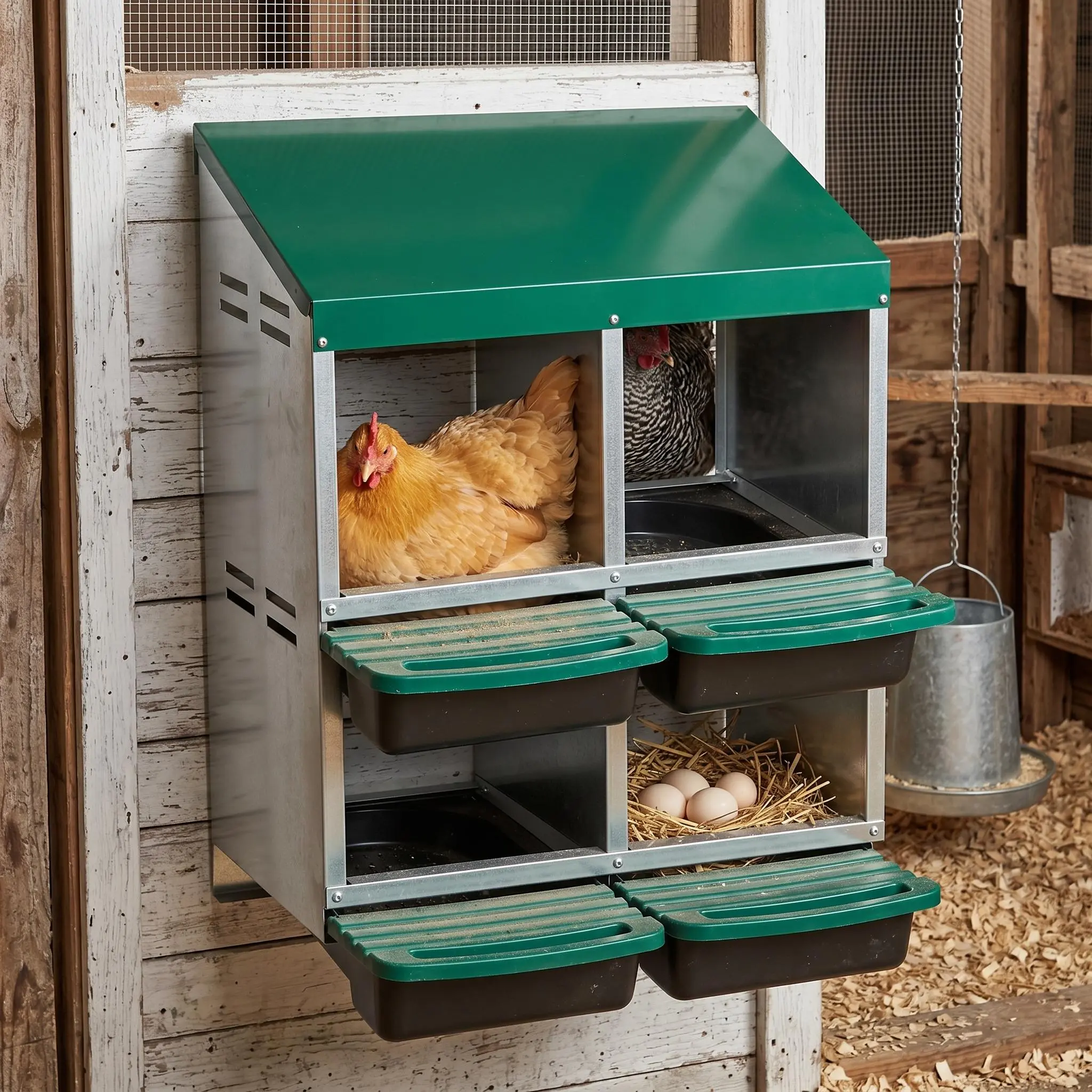 Garvee Metal Chicken Nesting Box 4-Compartment 1or 2-Tier Chicken Nesting Box – Roll-Away Tray & Support Stand,Multiple Colors
