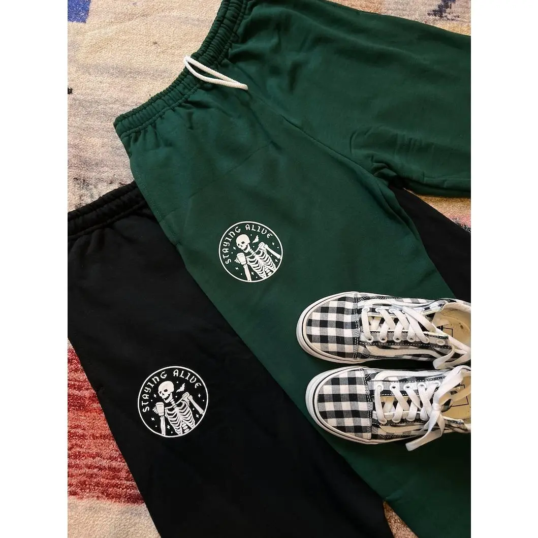 Staying Alive Skeleton Sweatpants, Funny Skeleton Graphic Joggers, Halloween Lounge Pants, Gothic Spooky Season Streetwear