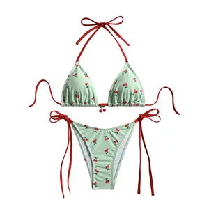2 Piece Swimsuit Cherry Print Bikini Set Halter Triangle Bikini Side Tie String Bathing Suits