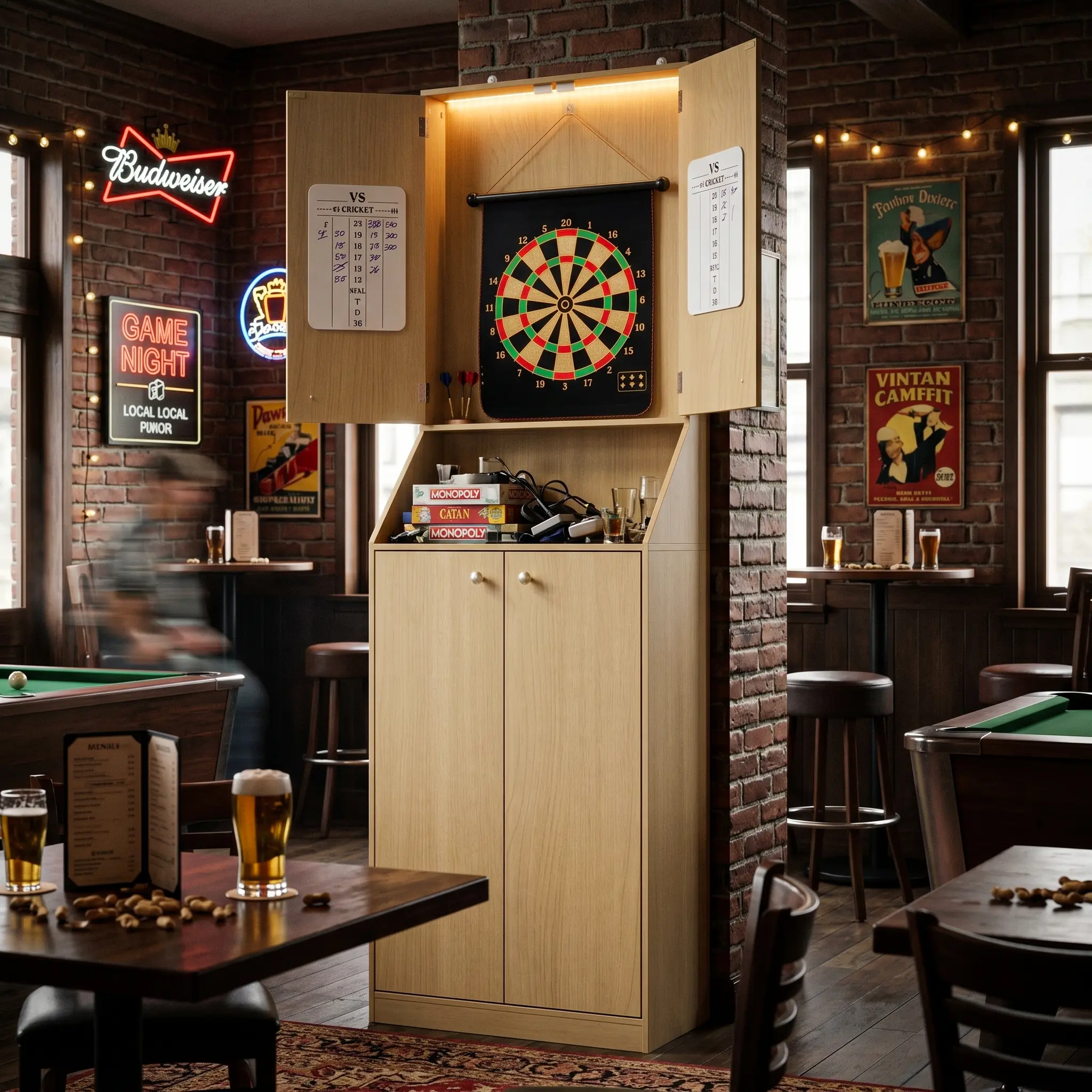 FUFU&GAGA 74.8" Light Wood Freestanding Dartboard Cabinet with Remote Control RGB LEDs, Dual Scoreboards, Multi-Layer Storage Compartments for Game Rooms, Basement Stress Relief Indoor Furniture