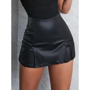 Women's Punk High Waist PU Leather Mini Skirt, Stretchy Clubwear Split Design, Tight-Fitting Short Dress for Parties & Night OutGiftGift