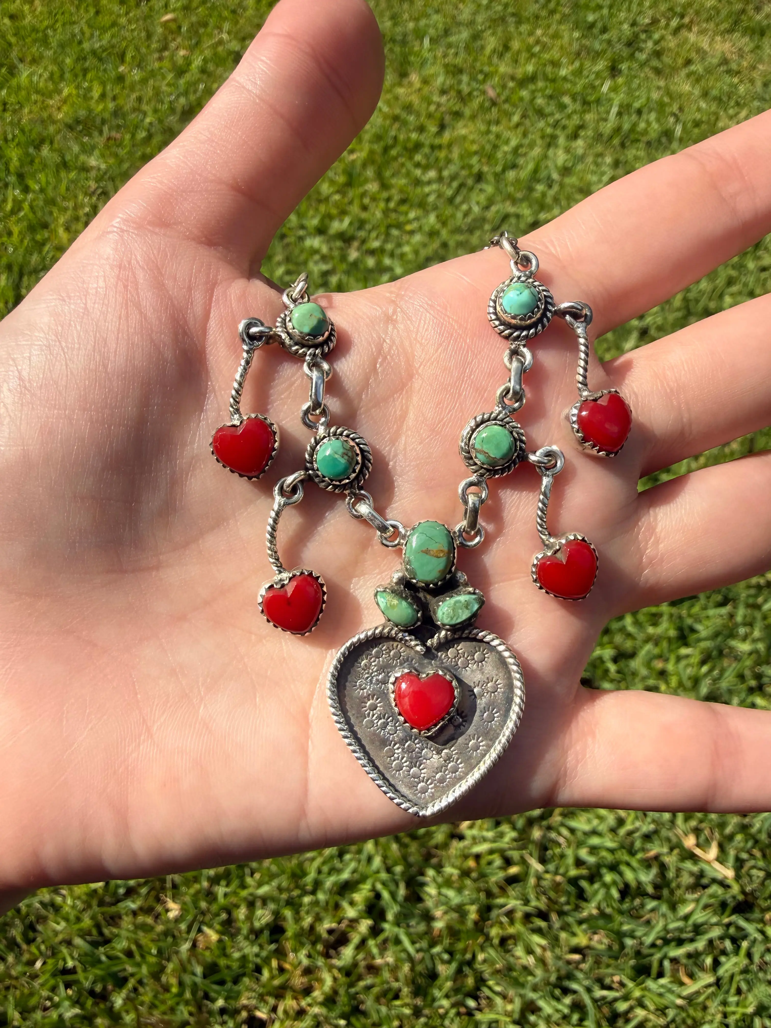 Kingman Turquoise and Red Rosarita Cherry Statement Sterling Silver Necklace