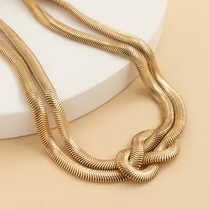 Knotted double snake bone chain golden wrapped ring knot open adjustable necklace