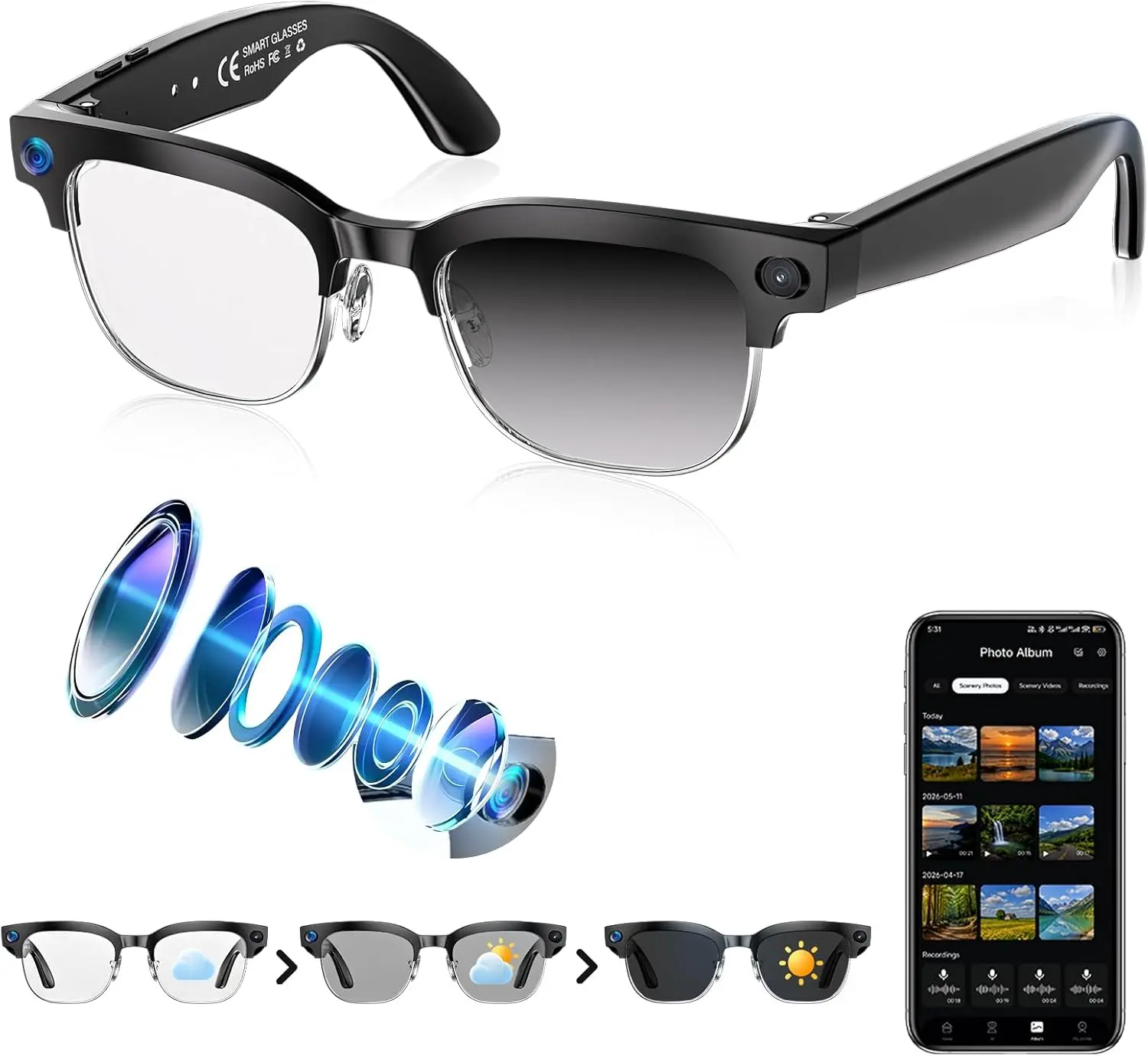 AI Smart Glasses with 4K Camera, Photo & Video Recording, Open-Ear Bluetooth Audio, Real-Time Translation, Object Recognition, Photochromic Sunglasses Electronic Wearable