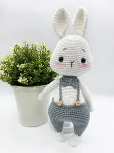 Charming Crochet Bunny in Overalls and bow tie- 10.5"