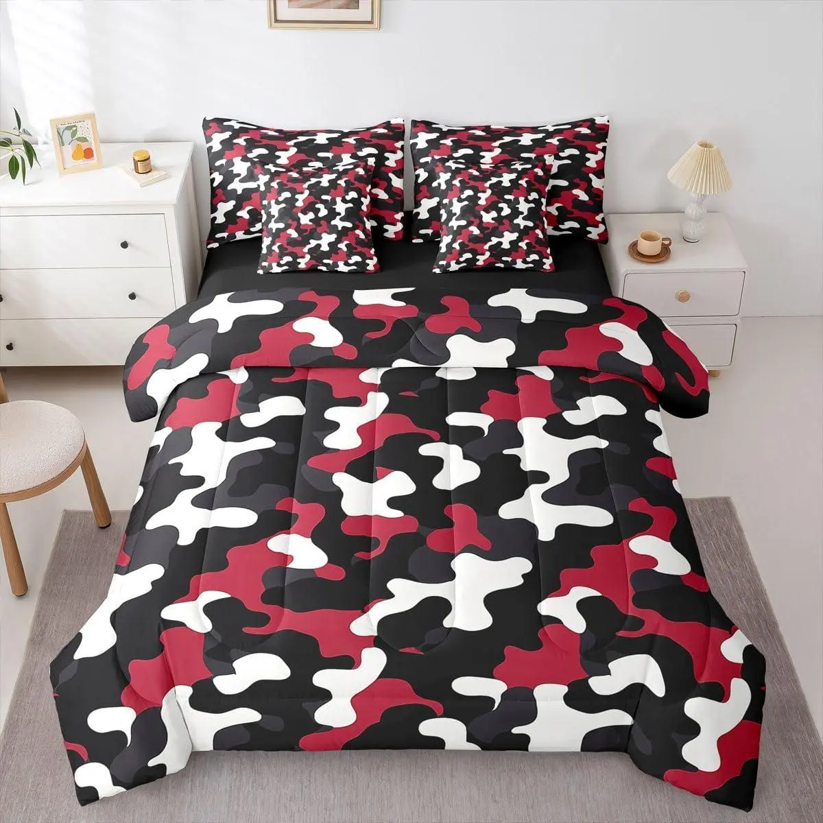 Camo Comforter Set 7 Pieces,Army Camouflage Bed in A Bag,Abstract Art Modern Bedding Set with Comforters,Sheets,Pillowcases Red Black White Bedroom Decor