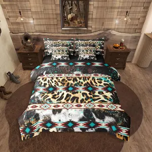 Aztec 7 Piece Bedding Set,Leopard Print Comforter Set with Sheets, Cowhide Exotic Fur Ink Splash Cheetah Ethnic Bed in A Bag