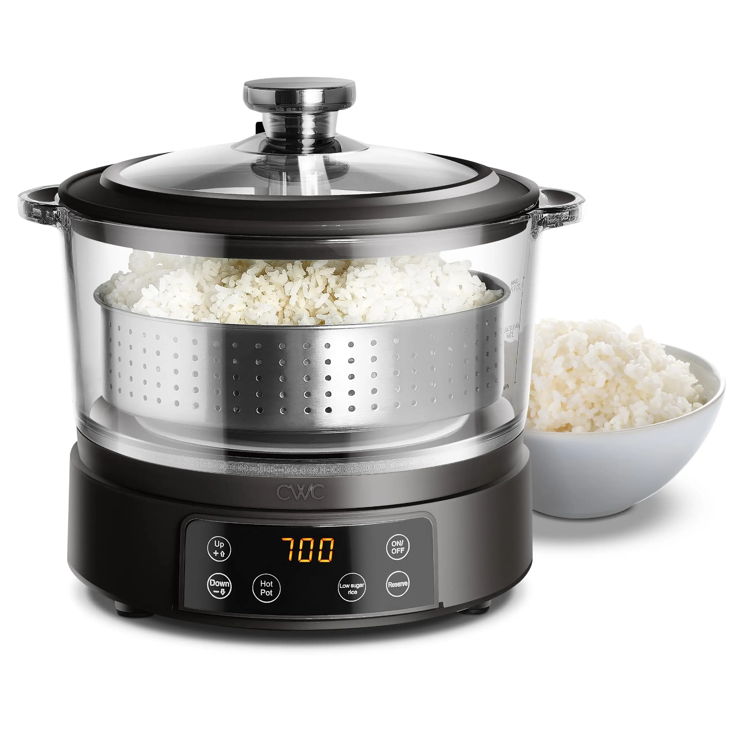 COOK WITH COLOR 3L Glass Low Carb Rice Cooker - Makes 6 Cups Cooked Low Sugar Rice with Auto Lift Filter Basket, Hotpot & Steamer for Rice, Grains and