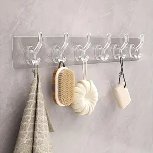 Acrylic Transparent Row Hook, Self-adhesive Hanging Hook, 6-hook Traceless Wall Rack, Hanging Clothes, Towels, Keys, Miscellaneous Items, Used For Kitchen, Bedroom, Bathroom, Living Room