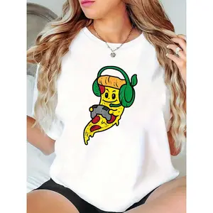 Women's Cute Gamer Pizza Slice T - Shirt with Green Headphones & Game Controller, Casual Cartoon Graphic Tee for Gamers & Pizza Lovers, Ideal for Daily Wear, Gaming Nights, Pizza Parties 100% Cotton T-shirt