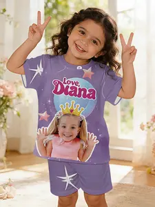 Digital Printed Starry Sky Crown Dreamy Baby Girls' Clothing Set, 100% Polyester Infant Short Sleeve Outfit. Cute casual clothes for baby girls, ideal T-shirt set for daily wear and outdoor activities, a perfect gift for infants and young children.