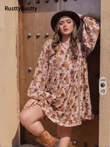 Plus Size Floral Print Hollow Out Bishop Sleeve Smock Dress, Boho Bohemian Casual V Neck Long Sleeve Dress for Summer Beach Holiday Vacation, Women's Clothes for All Seasons