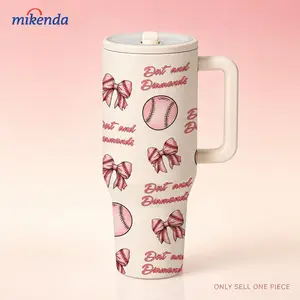 1 Pc 40oz insulated mug, pink baseball bow vacuum cup, double wall thermal mug with handle and lid, leak proof stainless steel tumbler for hot cold drinks, keep hot 12h cold 24h, cute sports gift for women girls, travel office cup