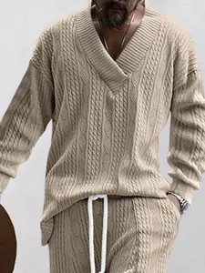 Men's V-Neck Long Sleeve Knitted Sweater, Plain Loose-Fitting Menswear Knitwear for Fall & Winter, Casual Daily Wear, Comfortable Soft Fabric Design