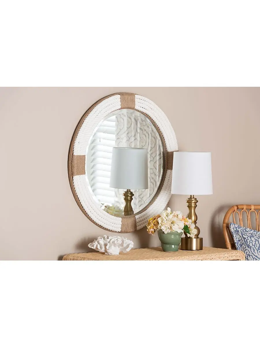 212 MAIN Makya 30"Diameter Round Rustic Coastal Modern Mirror - Handmade White & Natural Brown MDF Frame, Fabric & Woven Jute Accents, Glass Surface, Wall-Mounted Large Mirrored Bathroom Mirror for Bedroom Decor, Bathroom Mirrors