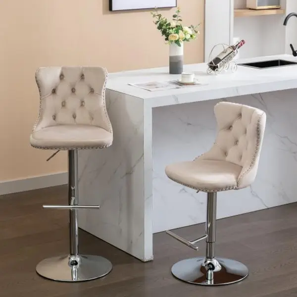 ELSEADY Bar Chairs Set of 2, Adjustable Seat Velvet & Metal Swivel Barstools, Upholstered Counter-Height Stools with Back & Black Footrest for Kitchen Counter