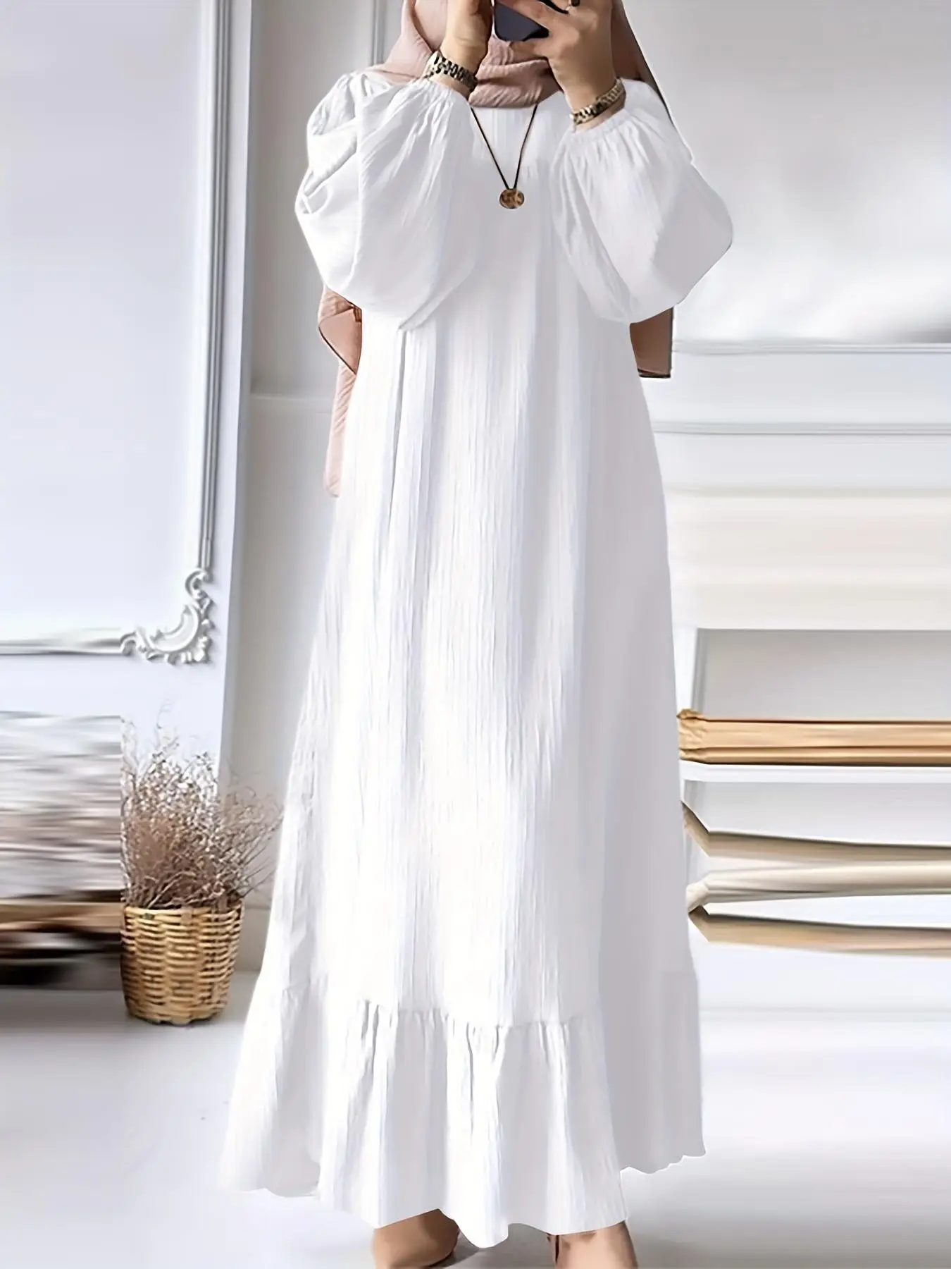 Arabic Clothing-Solid Ruffle Hem Bishop Sleeve Arabian Dress without Necklace, Modest Long Sleeve Round Neck Dress for Spring & Fall, Dresses for Wome