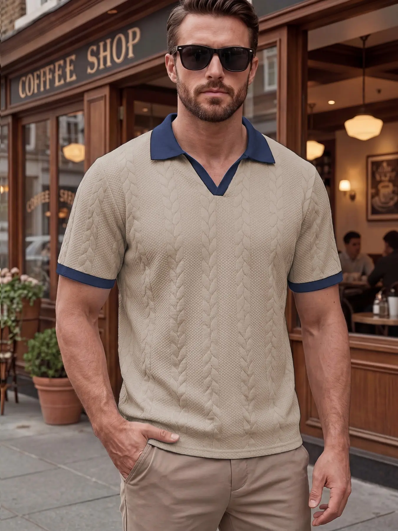 Men's Textured Knit Polo Shirt with Contrast Collar & Cuffs, Casual V-Neck Short Sleeve for Streetwear & Office Style
