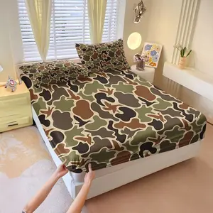 3Pcs Nature-Inspired Camouflage Fitted Sheet Set, Organic Shapes & Bird Silhouettes in Earthy Tones, Soft and Durable Bedding, Ideal for Outdoor Lovers and Unique Bedroom Decor, Lncludes 1 Fitted Sheet, With 2 Coreless Pillowcases, Soft Breathable Sheet