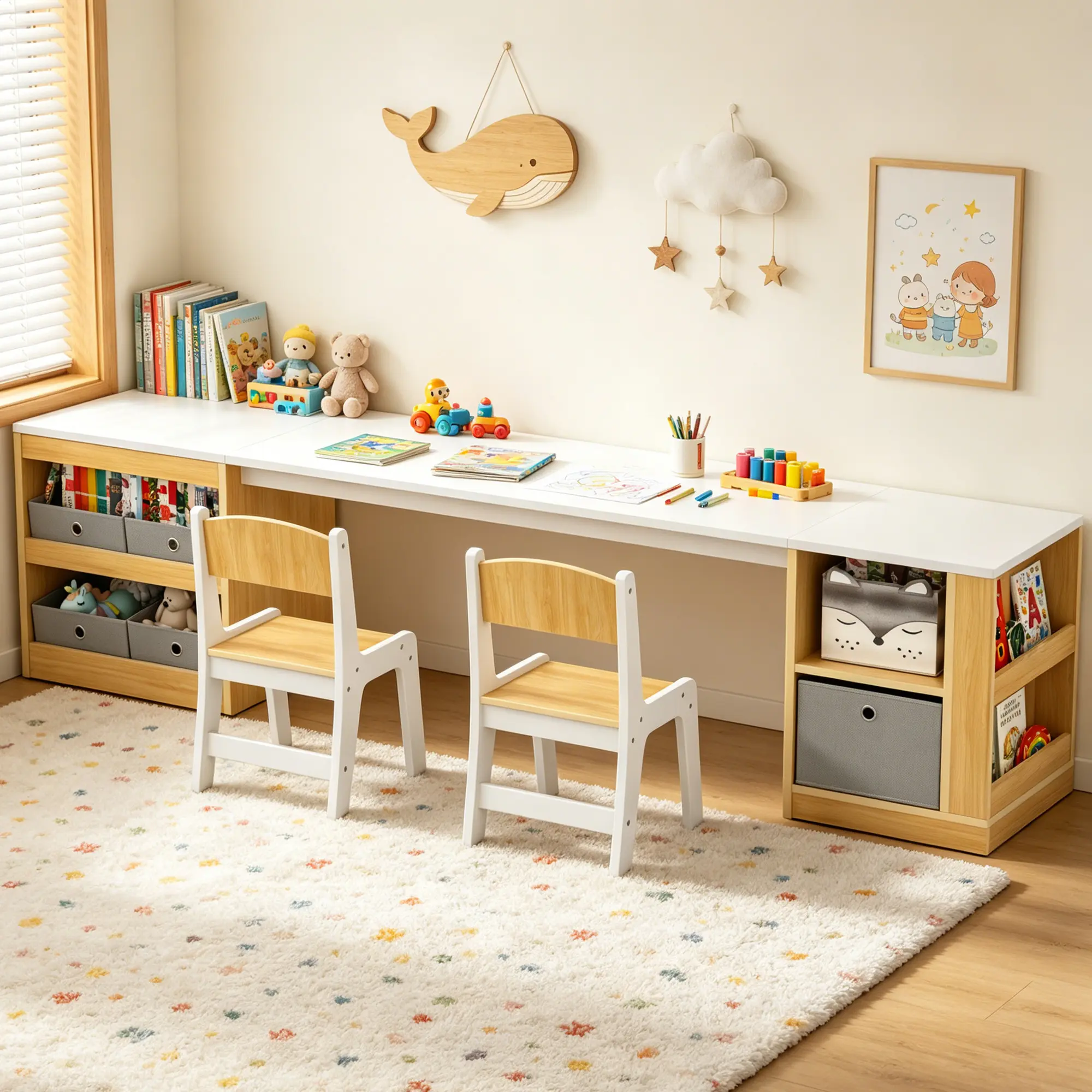 Modern Kids Twin Nursery Furniture Study Desk & Chair Set (82.7x20.59in) - Natural & White Long Rectangular Kids' Corner Toddler Workstation with Open Cubbies, Pull-out Fabric Bins, Backrest Stool for Writing, Drawing, Toy Organization