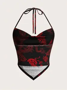 SHEIN EZwear Dragon Print Asymmetrical Hem Halter Neck Women's Tank Top For Summer