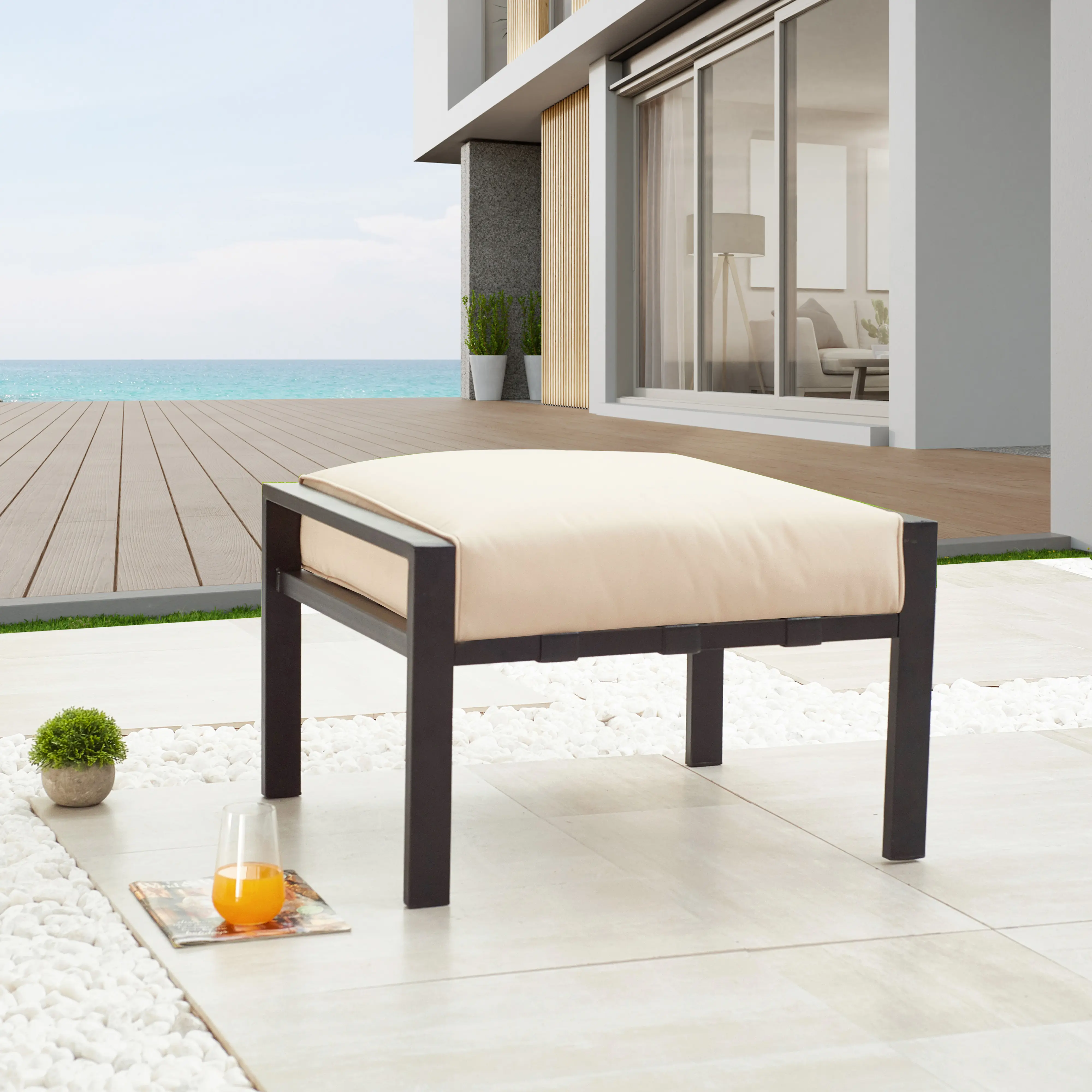 LOKATSE HOME Outdoor Patio Ottoman Metal Footstool with Soft Thick Cushion for Backyard Deck Lawn Garden