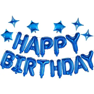 24pcs Birthday Balloons Banner, 3D Blue Premium Mylar Foil Letter Number Happy Birthday Banner with 6pcs Star Balloons Kits for Kids Boys Men Adults Birthday Party Decorations HB0BL