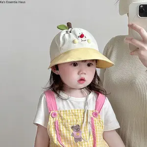 Viral Kawaii Kids Bucket Hat Cute Cartoon Pear Apple 3D Leaf Smiley Face Soft Cotton UV Protection Adjustable Chin Strap Summer Outdoor Sun Hat for Toddler Baby Boys Girls