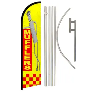Windless Curve Muffler Banner & Steel-Aluminium Pole Complete Kit, 11.5x2.5ft Polyester Outdoor Festive Party Backdrop Set for Home Supplies