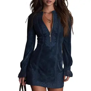 High-end Velvet Zipper V-neck Short Dress, Vintage Hot Girl Long Sleeve Slim Fit Dress, Fashionable Casual Loose Waist-cinching Midi Dress