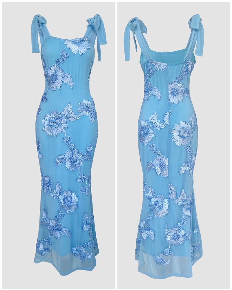 ChicMe Women's 3D Floral Embroidery Maxi Dress Elegant Tie-Shoulder Mermaid Gown Zipper Back Cowl Neck Vestido for Weddings Parties and Prom