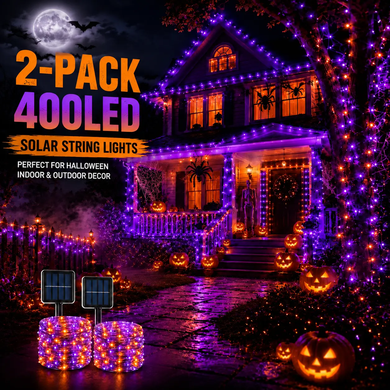 Halloween Solar-Powered Outdoor Copper String Lights Set (2-Pack), 400 LED Bulbs, IP44 Waterproof, 8 Lighting Modes, Ideal for Tree, Garden, Patio Decor