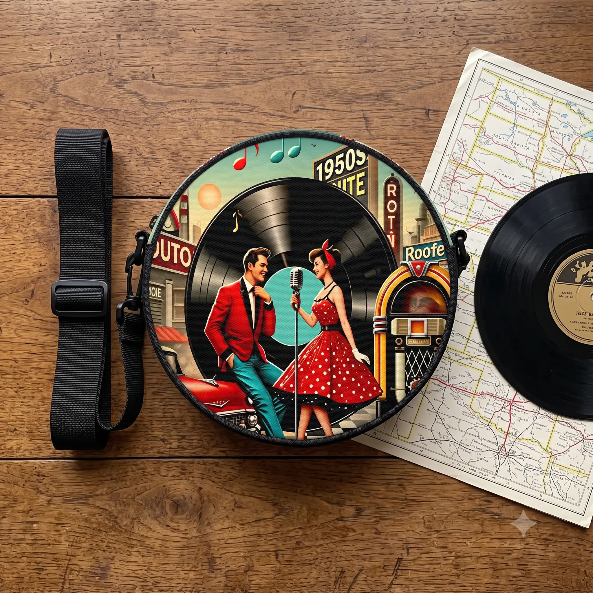 Retro Round Crossbody Bag for Women, 1950s Vintage Rock 'n' Roll Synthetic Leather Purse with Jukebox Vinyl Graphic, Compact with Zip & Adjustable Strap