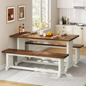 LITTLE TREE 47" Dining Table Set for 4, 3-Piece Kitchen Room Table with 2 Benches, Farmhouse Wood Dinner Furniture for Small Space, Home Living Room