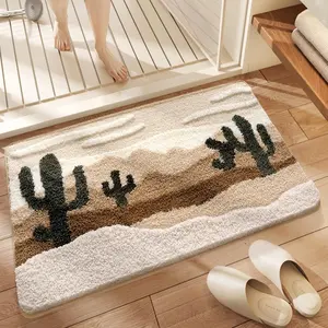 Desert Cactus & Beach Pattern Flocked Bath Mat, 2 Counts Non-slip Soft Absorbent Bathroom Rug, Machine Washable Bath Mat for Home Bathroom Living Room Decor, Bathroom Decorative Mat