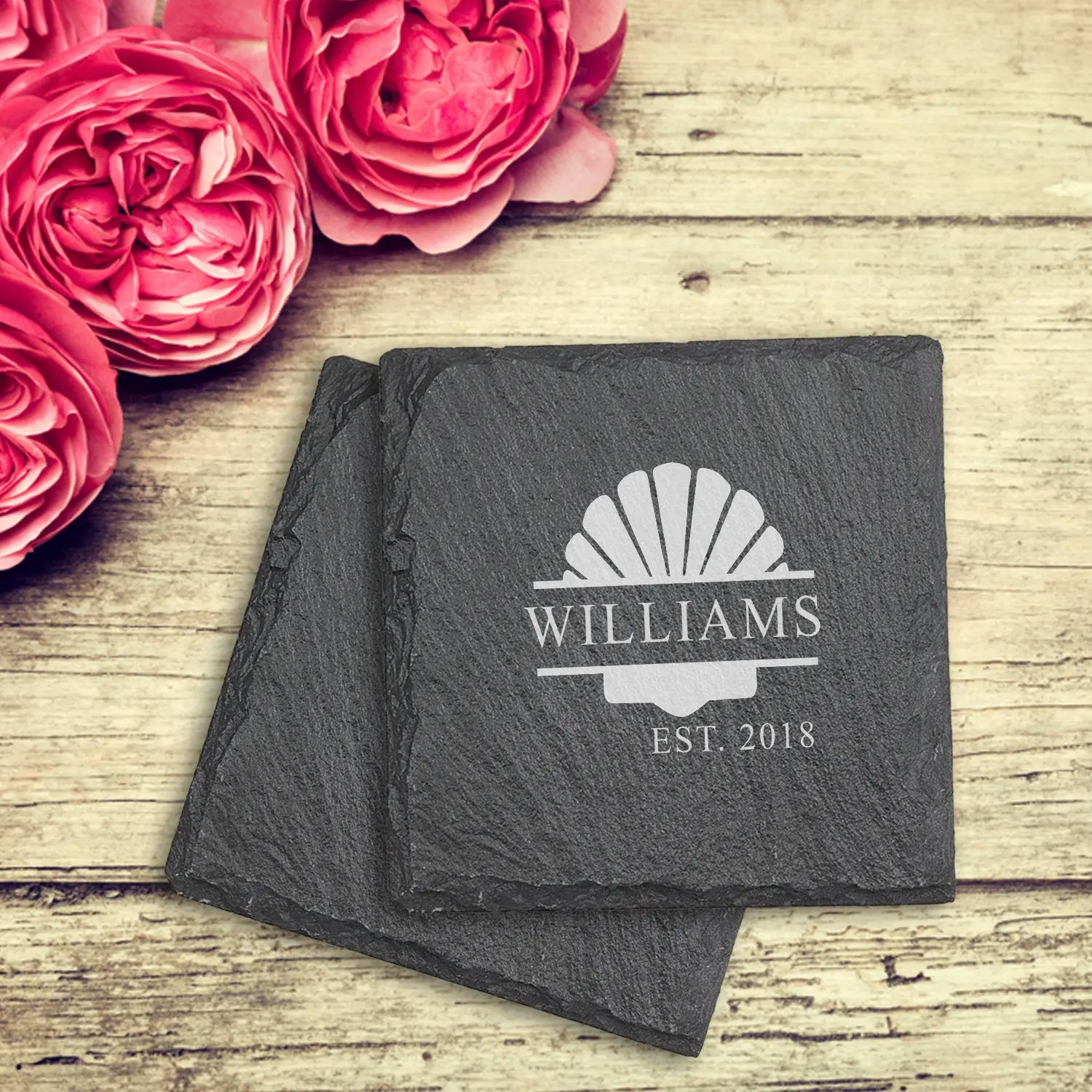 Seashell Custom Monogram Slate Stone Coaster Housewarming Gifts, Engraved Couples Coaster gift, Wedding Gift Couples, Rustic Wedding Coaster