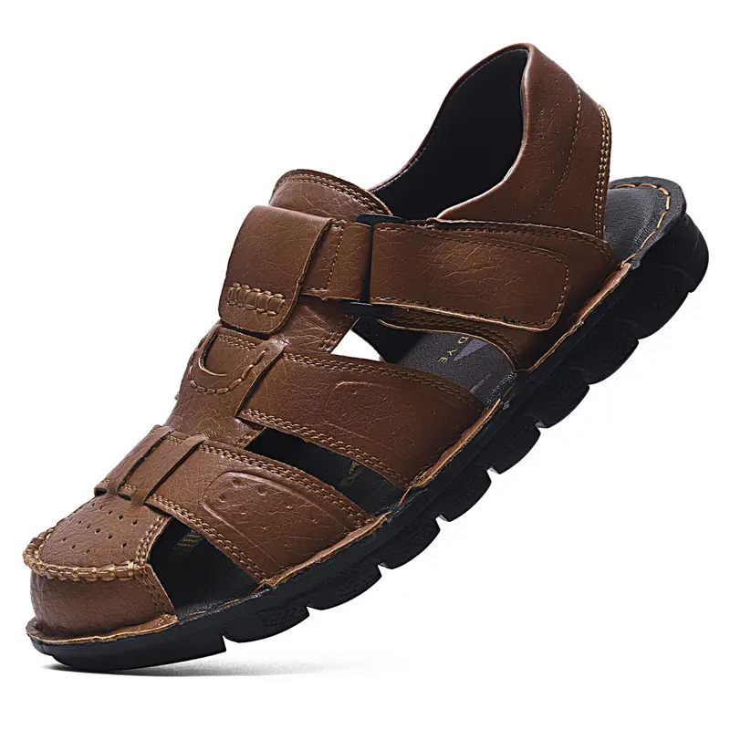 Men's Leather Sandals Closed Toe Water Shoes For Summer Athletic Outdoor Walking Sports Trail River Fishing Wide Adjustable Waterproof Arch Support Lightweight Slip-Resistant