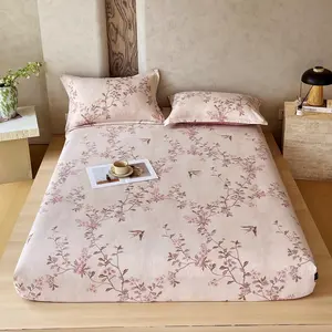 3-Piece Twin Queen Size Bed Sheet Set with Elastic, Soft Breathable Linen Feel Fabric, Vintage Floral Bird Pattern Design, Includes Fitted Sheet & 2 Pillows Cases
