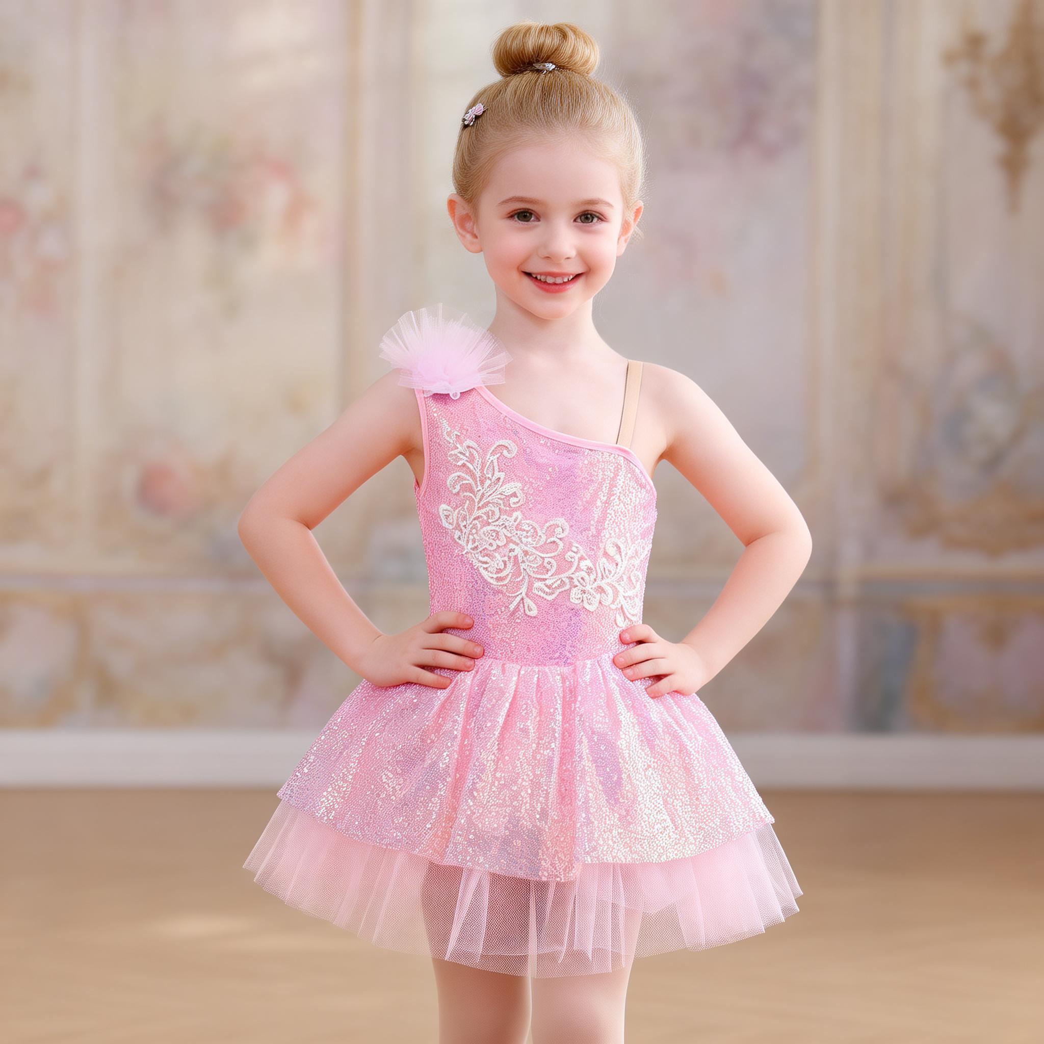 Kids Pink Sequin Ballet Tutu Dress for Girls, One Shoulder Sparkle Dance Costume for Dance Outfit for Stage Show &Party