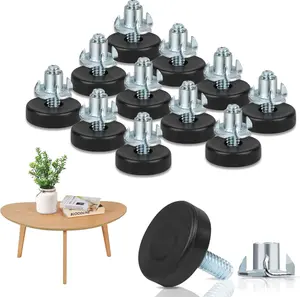 1/4" Thread Furniture Feet Levelers, 12 PCS Adjustable Galvanized Steel Black round Furniture Feet Leveling for Table, Cabinets, Chairs, Stool Legs COIDEA