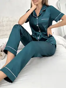A cardigan button solid-color collar satin pajama set Loungewear
