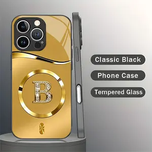 Customizable iPhone Magnetic Tempered Glass Smartphone Case - Golden Rhinestone A-Z Initial Letter, TPU Shockproof Anti-Drop Hard Cover, Full Camera Lens Protection, Cellphone Accessories for iPhone 11-17 Pro Max, 16 Plus, Handheld Use