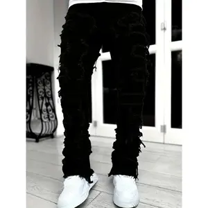 SRETOUU Stylish Men Hiphop Stacked Spliced Washed Slim Jeans Pants High Quality Street Male Distressed Straight Biker Denim Trousers Menswear Streetwear