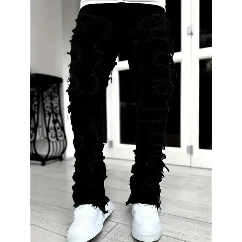 SRETOUU Stylish Men Hiphop Stacked Spliced Washed Slim Jeans Pants High Quality Street Male Distressed Straight Biker Denim Trousers Menswear Streetwear Washed Slim Fit Beige