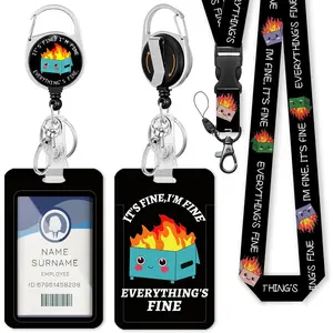 Lanyards for ID Badges and Keys, Funny Retractable Heavy Duty Badge Reel with 360° Swivel Carabiner Clip, I'm Fine Breakaway ID Badge Holder, Great Gifts for Teacher Nurse Office