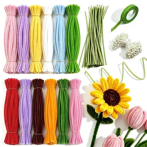 720pcs Pipe Cleaners Flower Making Kit - Easy-to-Use DIY Rose Flower Arts & Crafts Supplies, Plush Colorful Bouquet Accessories for Beginners