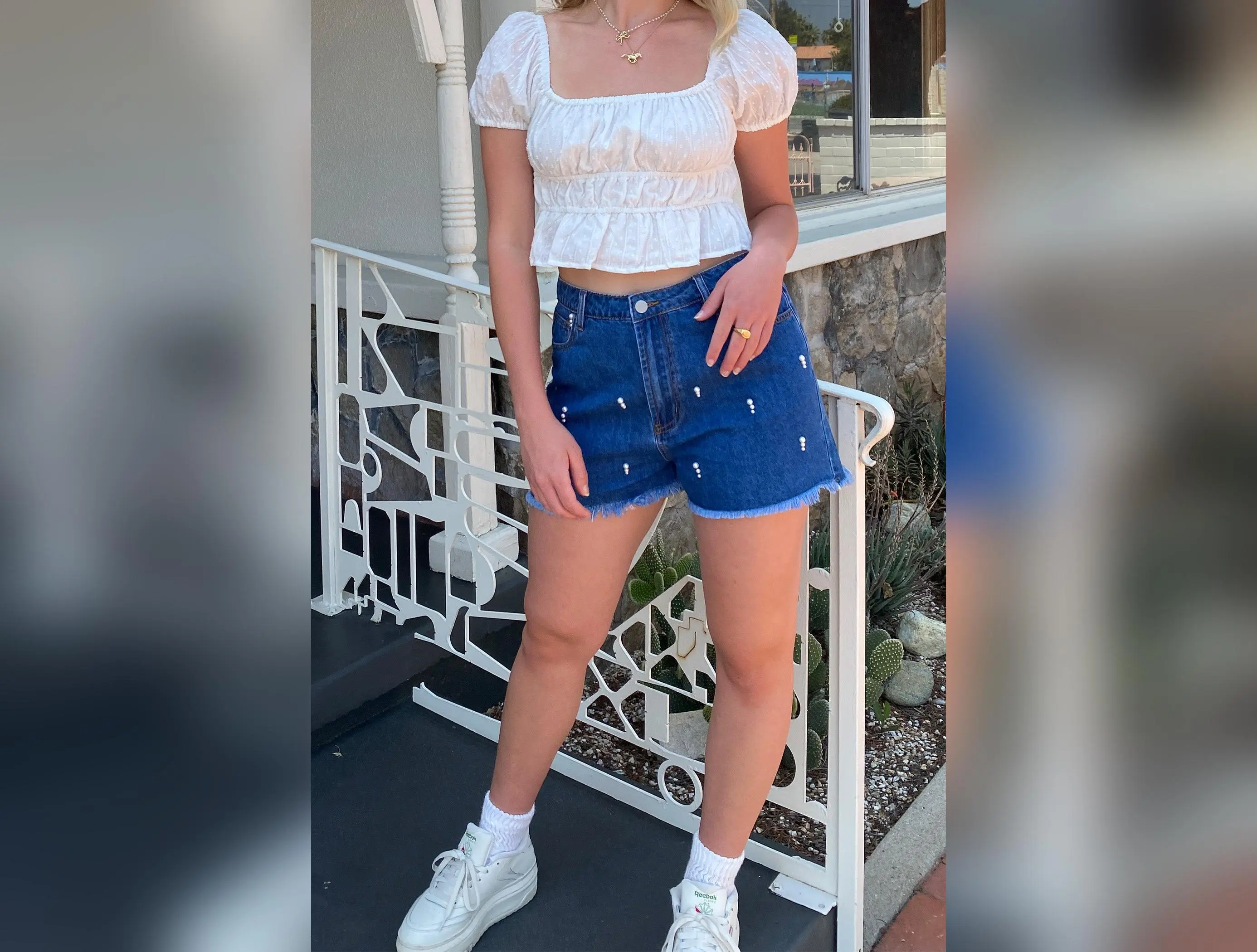 Pearl Detail Denim Shorts