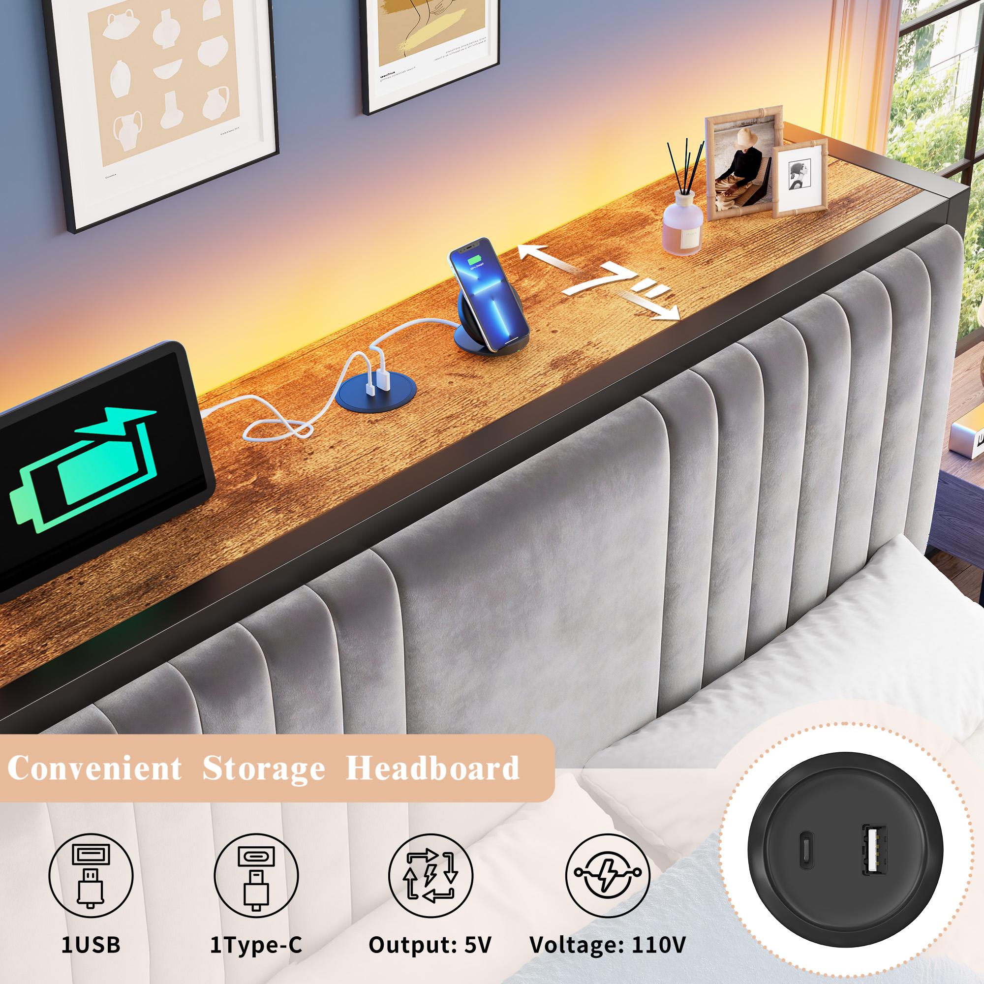 【Storage Bed】Modern King/Queen/Full Size Bed Frame with 5 Storage Fabric Drawers,Luxury Upholstered Platform LED Metal Bed Frame with Built-in Charging Station & Shelf on Headboard,13.39" Under Bed Space for Apartment,Dorms,Attic,Guestroom,838LBS Capacity